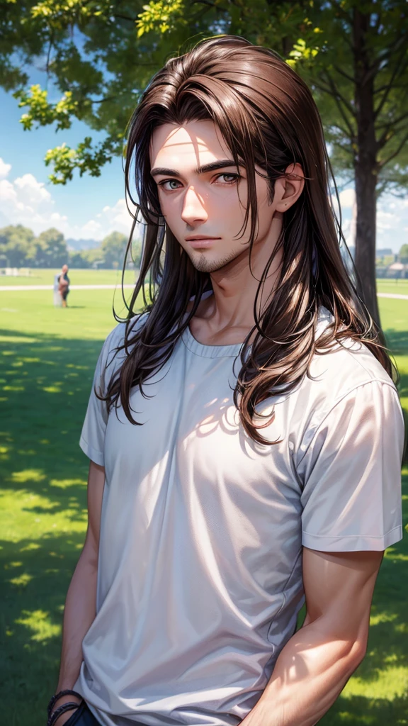 Handsome man 25-35 years old, in the park, mullet, brown hair, close up, satellite image, backlighting, UHD, high quality, best quality, highres, 8k, 16k