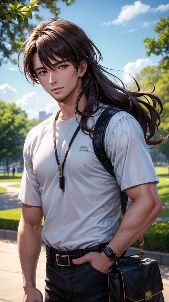 Handsome man 25-35 years old, in the park, mullet, brown hair, close up, satellite image, backlighting, UHD, high quality, best quality, highres, 8k, 16k