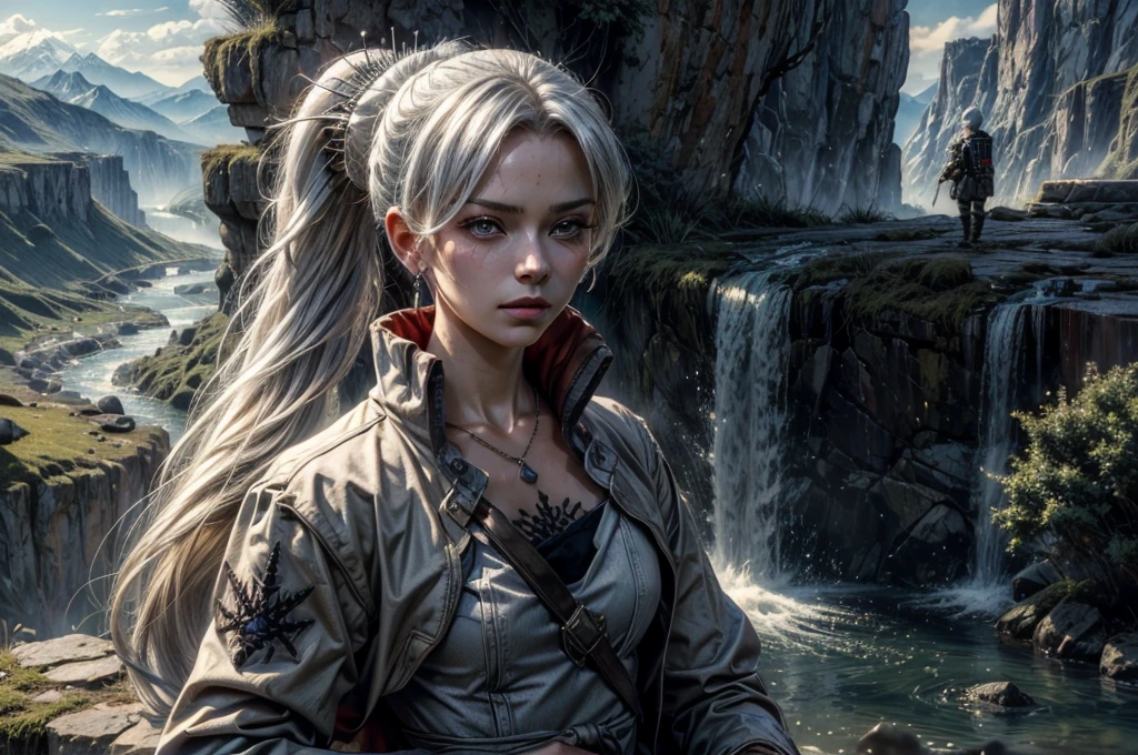 (masterpiece, best quality:1.2), cowboy shot, weissvale, expressionless, closed mouth, looking at viewer, long white hair, side ponytail, scar above eye, scar below eye, military uniform, jewelry, necklace, earrings, in city on hill, crowd (crowd in military uniform), overlooking valley, BREAK mountains in background, waterfall,