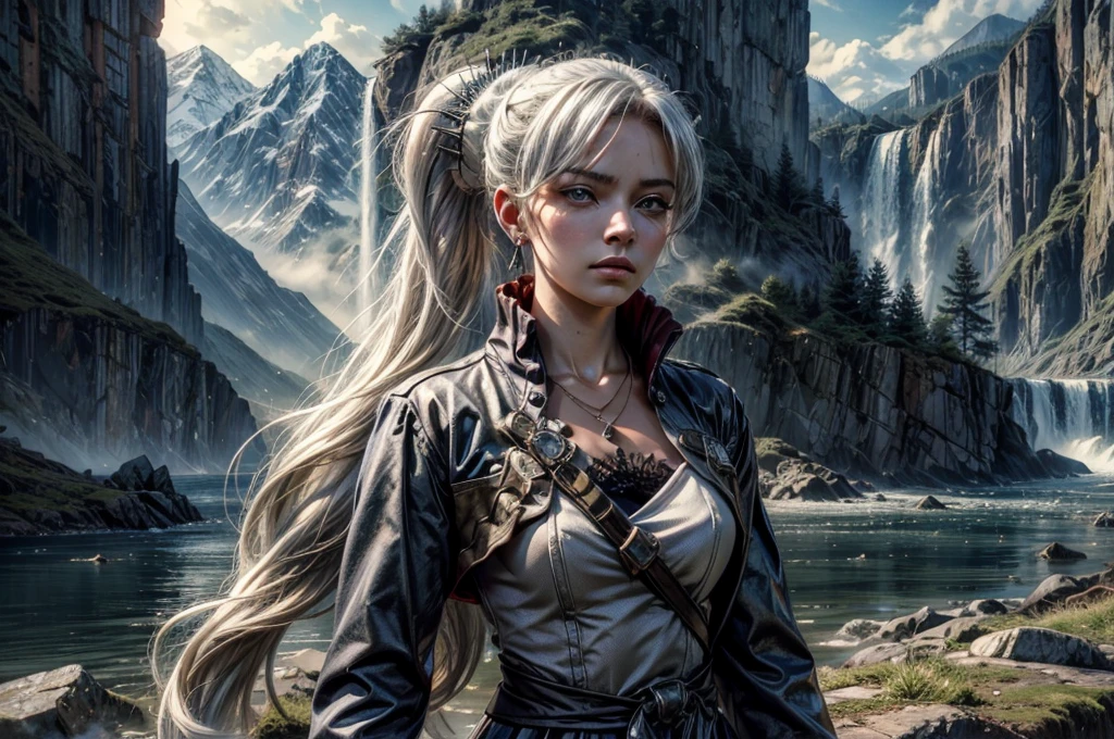 (masterpiece, best quality:1.2), cowboy shot, weissvale, expressionless, closed mouth, looking at viewer, long white hair, side ponytail, scar above eye, scar below eye, military uniform, jewelry, necklace, earrings, in city on hill, crowd (crowd in military uniform), overlooking valley, BREAK mountains in background, waterfall,