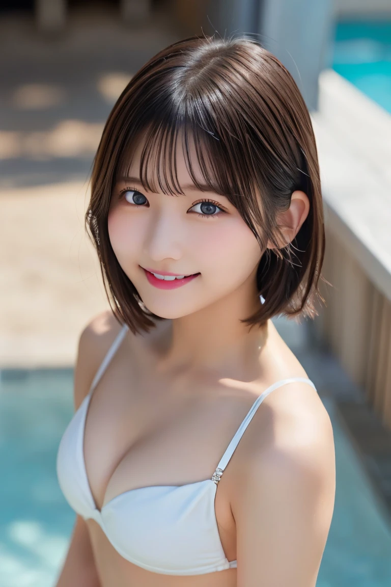 Highest quality、（beautiful）、Super delicate eyes、Brown eyes、22-year-old female、、smile、looking at the camera、Semi-short hair、Gal、ＶMold Bikini、Shoot from above