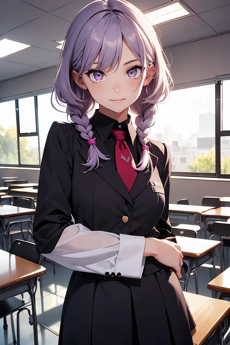 ((1 girl)), latest clothing trends, school clothes, , class room,((super verbose,highest quallity, high resolution, 8 k wallpaper, Cute uniform,)),((light purple hair, short-cut,Braided hair,)) (pink eyes), (teeths), smilling face, ombre, eyeliner,glowing eye, highly-detailed eyes, clean eyes, gorgeous eyes, 17 years old.