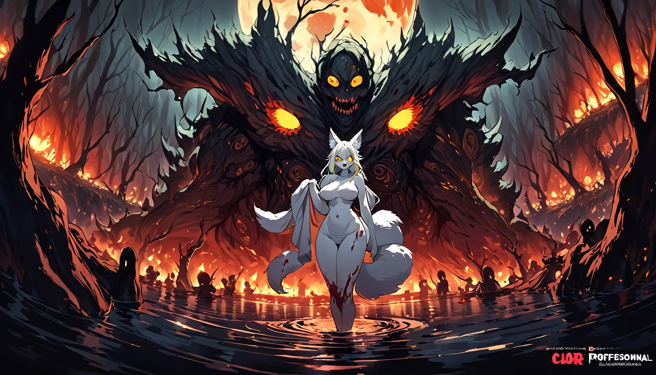 a beautiful detailed kitsune woman with long white fox ears and tails, glowing yellow eyes, highly detailed mature and curvy figure, large breasts, holding a towel, ruling over a lake with a huge red blood moon reflecting in the water, surrounded by a burning forest full of charred corpses, terrifying smile with glowing yellow eyes, body covered in dark sinister stains, (best colors,extreme detail description,professional,horror,fantasy