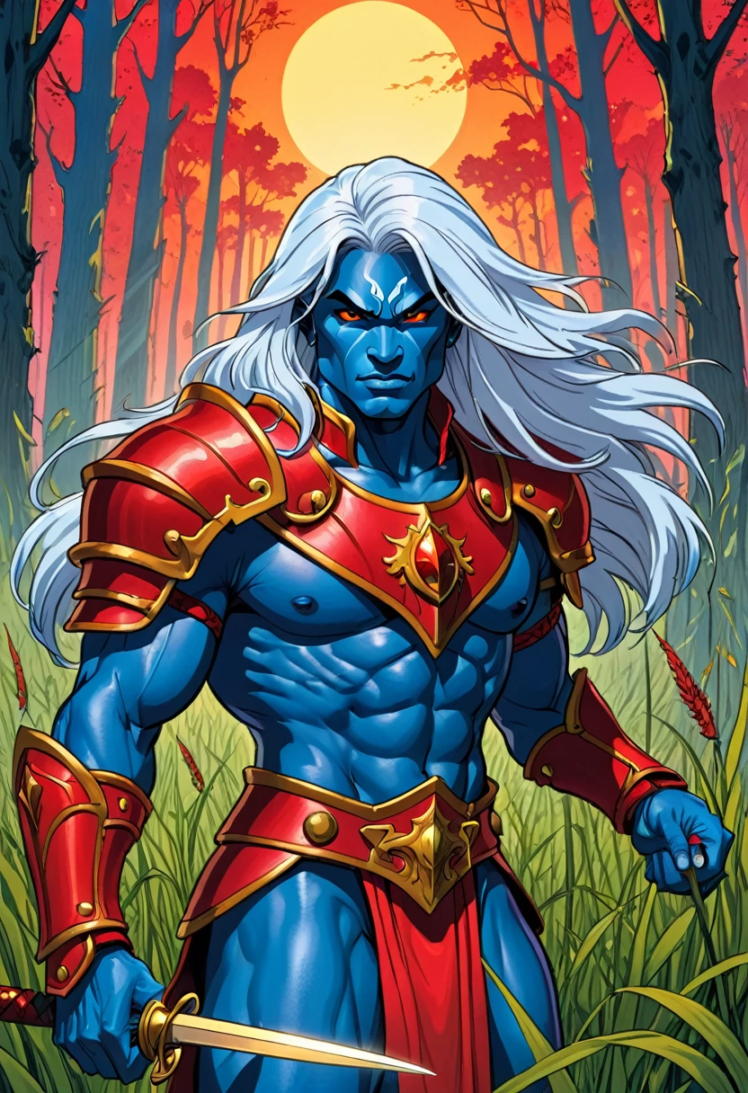graphic novel flat colors style, cropped detail, fine intricate lineart, hatched shadows, masters of the universe, dark fantasy, low fantasy, sword and sorcery. a (blue skinned, blue skin, dark blue skin:1.3) male warrior, he has long ((white hair)) with lots of volume, and (red armor, armored collar and red shoulder pads:1.3), (gold trim), leather headband with nose guard. (detailed face, detailed eyes) (best quality,4k,8k,highres,masterpiece, colorful, vibrant colors:1.2) , glowing eyes, (glowing red eyes), athletic muscular body. Good hands, detailed hands. magic forest background. Show him walking through tall grass (confidently walking, determined stride:1.1), in meadow, multi-color sky, thick colorful trees,
