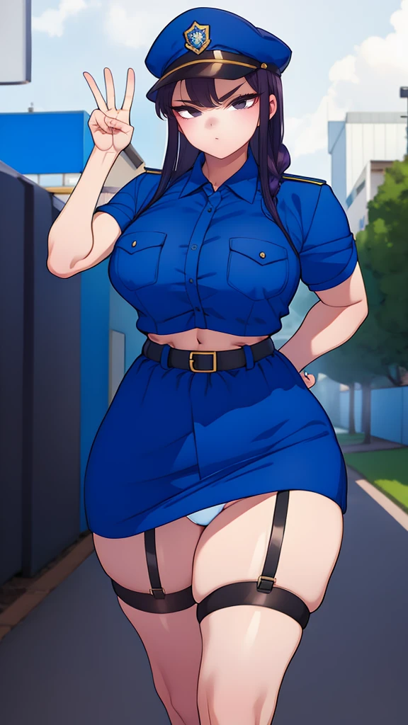 a cartoon character in a sexy suit posing on the street with a bush, police officer, police uniform, 1 girl, police woman, shirt, skirt, hat, tie, police cap, blue eyes, gloves, breasts, purple hair very dark, thighs, solo, navel, garter straps, looking at viewer, short sleeves, large breasts, underwear, miniskirt, midriff, ass visible through thighs, panties, outdoors, indentation, braid, hand in hand hip, belt, black skirt, uniform, collared shirt, frown, thigh highs, peaked cap, crop top, black panties, blue shirt, chest pocket, V-shaped eyebrows, Eiko Tsukimi, blue eyes, purple hair very dark baseball cap
