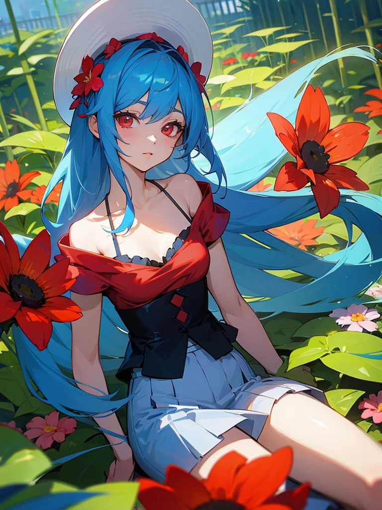 Anime character with blue hair, red eyes, summer wear, flower garden, beautiful