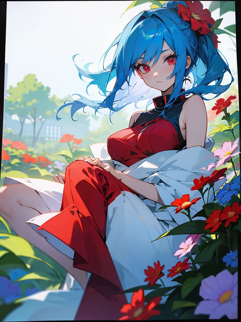 Anime character with blue hair, red eyes, summer  wear, flower garden, beautiful