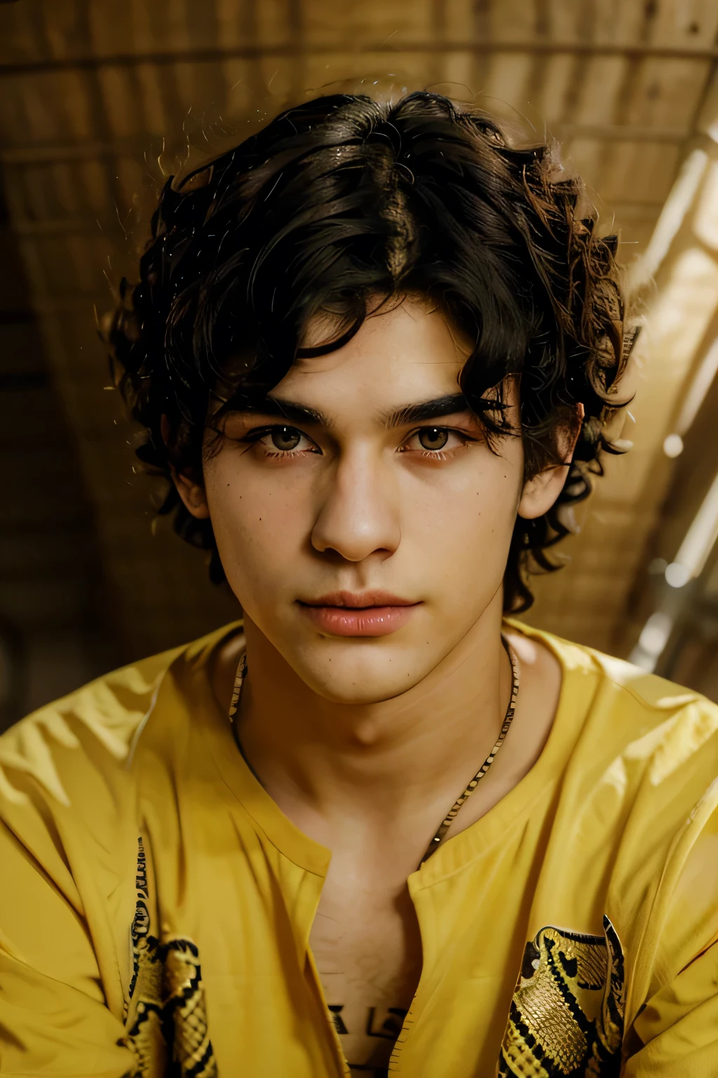 A young man with short curly hair, 25 years old, black hair, scales of a snake on his face, snake cheeks, snake scales on the skin of the cheeks, yellow shirt