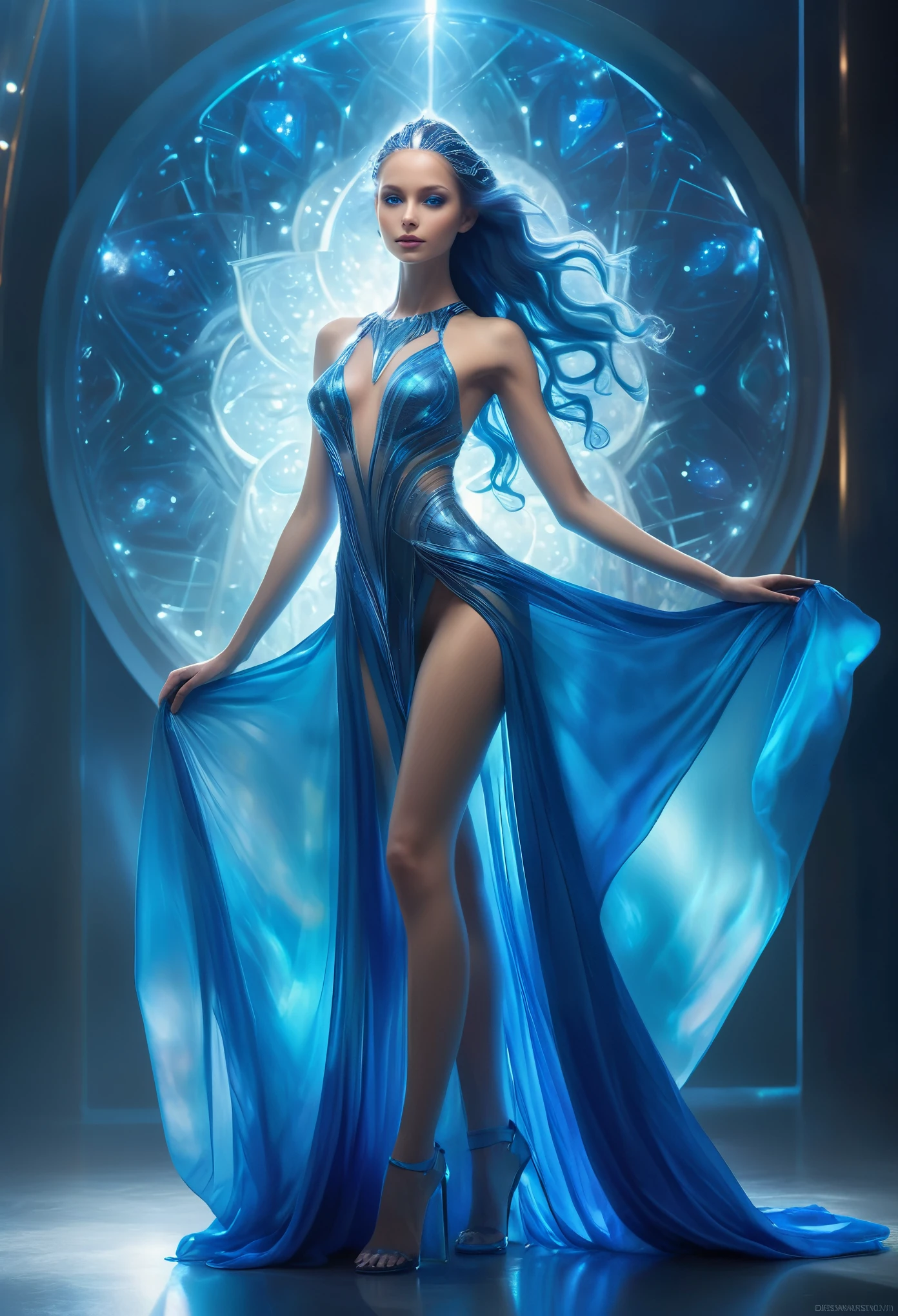 (full body with legs and feets, back view)(best quality,highres:1.2),ultra-detailed,(realistic:1.37)
A beautiful alien girl with a body made of sapphire,sparkling blue eyes,long flowing sapphire hair,strong and graceful body,humanoid features,a radiant smile
alien,otherworldly,extraterrestrial
(extraordinary,gorgeous:1.1),alien princess,femininity,grace,beauty
(futuristic technology),sleek suit,semi-transparent,sapphire gown,geometric patterns,iridescent effect
(ethereal:1.1),floating,dreamlike atmosphere,mystical aura
(studio lighting),softly lit,pale blue glow,subtle shadows
(abstract art),surreal composition,colorful surrealism
vivid colors,shades of blue,turquoise accents
(keywords)