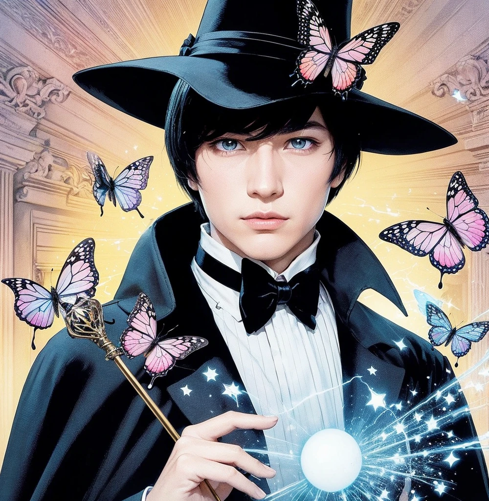 American classic comic book art: Handsome ethereal young man delicate, black straight hair bangs, black wizard hat with a butterfly, navy black magician outfit Zatanna, fishnet stockings, holding an elegant cane, white gloves, emanating light pink and blue yellow energy colorful, white eyes, sorcerer, very young face boy Asian, light pink butterflies, Magic of Imagination, casting spell magic ball energy, mini delicate magician mini cape, medieval castle, classic comic book
