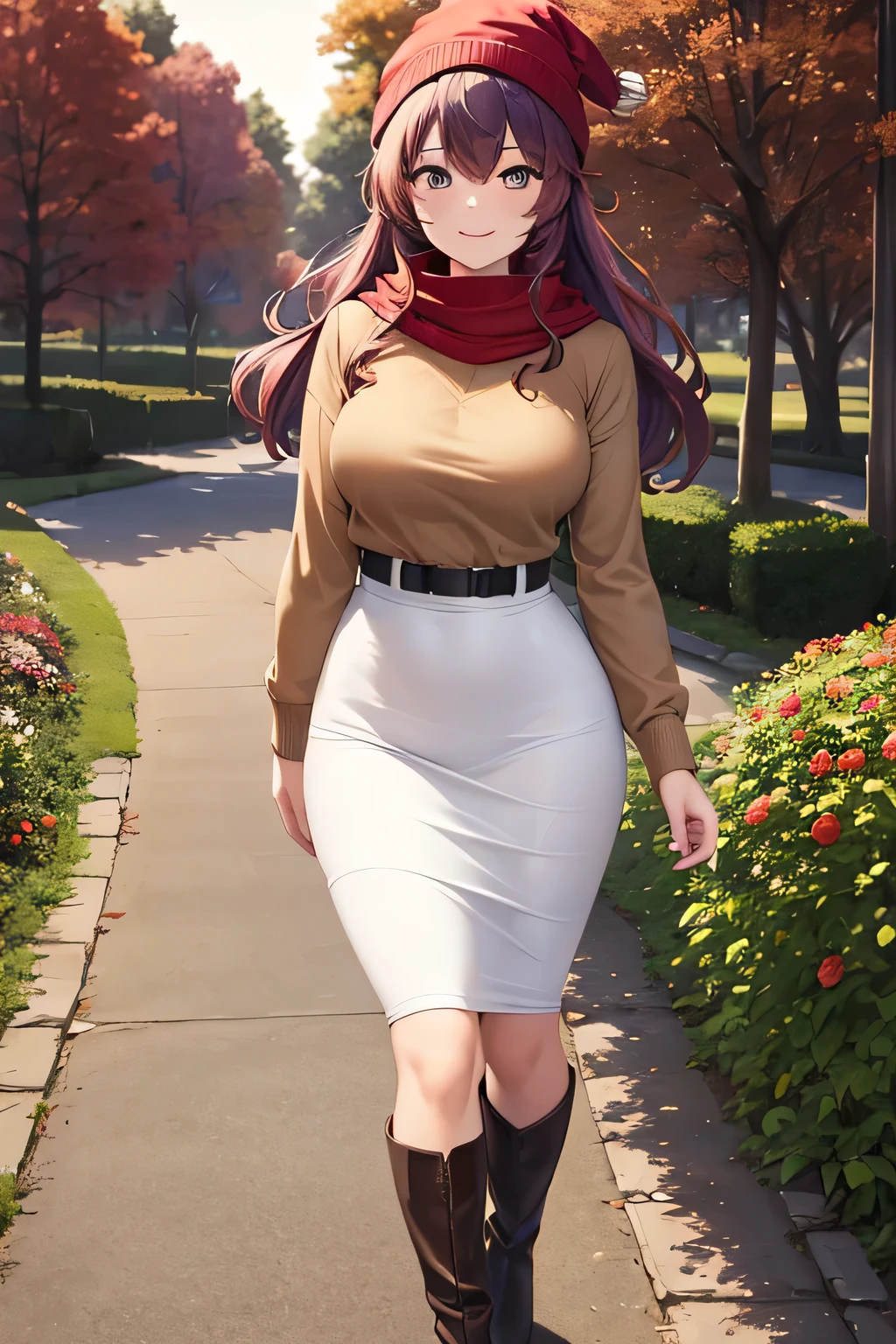 ((masterpiece, best quality)), highres, beautiful woman looking at viewer, wide hips, smiling, brown hoodie, black midi pencil skirt, pencil skirt, red beanie, leather boots, red scarf, full body, medium purple hair, wavy hair, walking through a beautiful garden, fall evening, sunset, trees, leaves falling, park, flowers