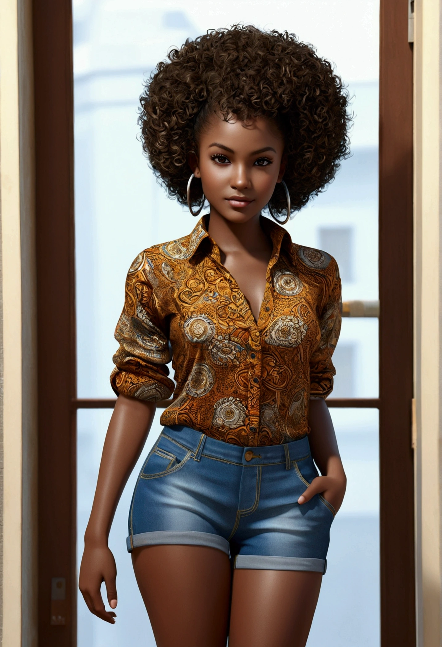 ((African dark skin, Very deep ebony skin)), ((Your beauty is undeniable)), ((cute and lively face)), ((hyper detailed perfect eyes,)), ((cute pose)), ((language output)), ((appealing )), sensuous, (( tight knit shirt, shorts courts sensuous)), ((African Curly Afro Hair Afro Ponytail,)), (( Skinned)), ((standing, from front view)), ((Toucher ses propres jambes dans une pose sensuous)), ((out, public city)), focused cgi, photorrealistic, high détail, realisitic, master part, absurdrez, best qualityer, hdr, highly quality, High definition, extremely detaild, 8 k wallpaper, high and intricate details, 8k hd, Full HD, (photo realist:1.2), sharp contrast, intense lighting, cinematic lighting, natural lighting, hard light, contra-luz, global illumination, ambient occlusion