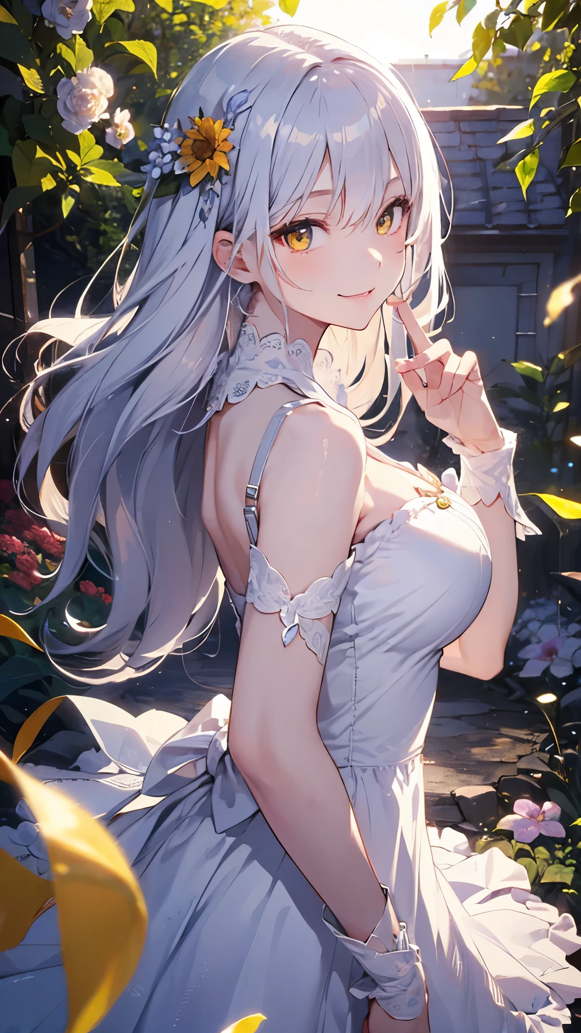 masterpiece、Highest quality、High resolution、High-quality images、8K, -yeld giSkin Radiance、Texture of skin and clothing、Expression of fine eyes、Shining silver hair、Long Hair Girl、dress, Beautiful bright yellow eyes, Fuller lips, Gorgeous face with attention to detail, (Cute Smile), charm, Innocent, Side view, (Perfectly detailed face), (Beautiful Hands) Photorealistic images, Written boundary depth, flower、sun、Big Breasts、garden、、Feather ornament、White clothes、goddess