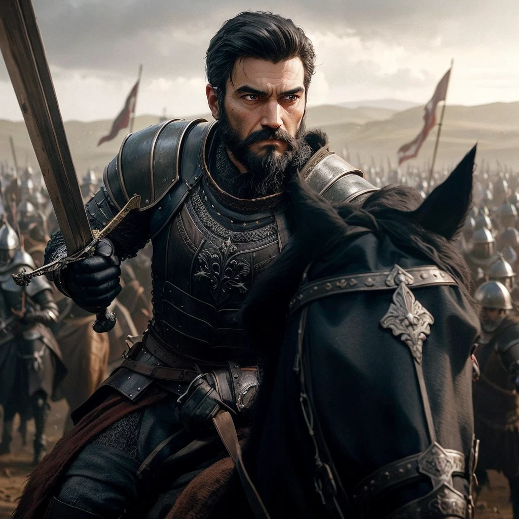 Describe the scene of a man with a medium black beard and short black hair, round face, wearing imposing medieval armor. He&#39;s riding his horse, raising a gleaming sword as he boldly charges towards a vast army of warriors. The expression on his face is determined and confident, eyes fixed on the horizon where your adversaries are. Ao fundo, the landscape is dominated by the imminence of battle, with flags waving and the setting sun dyeing the sky in golden and red tones.






