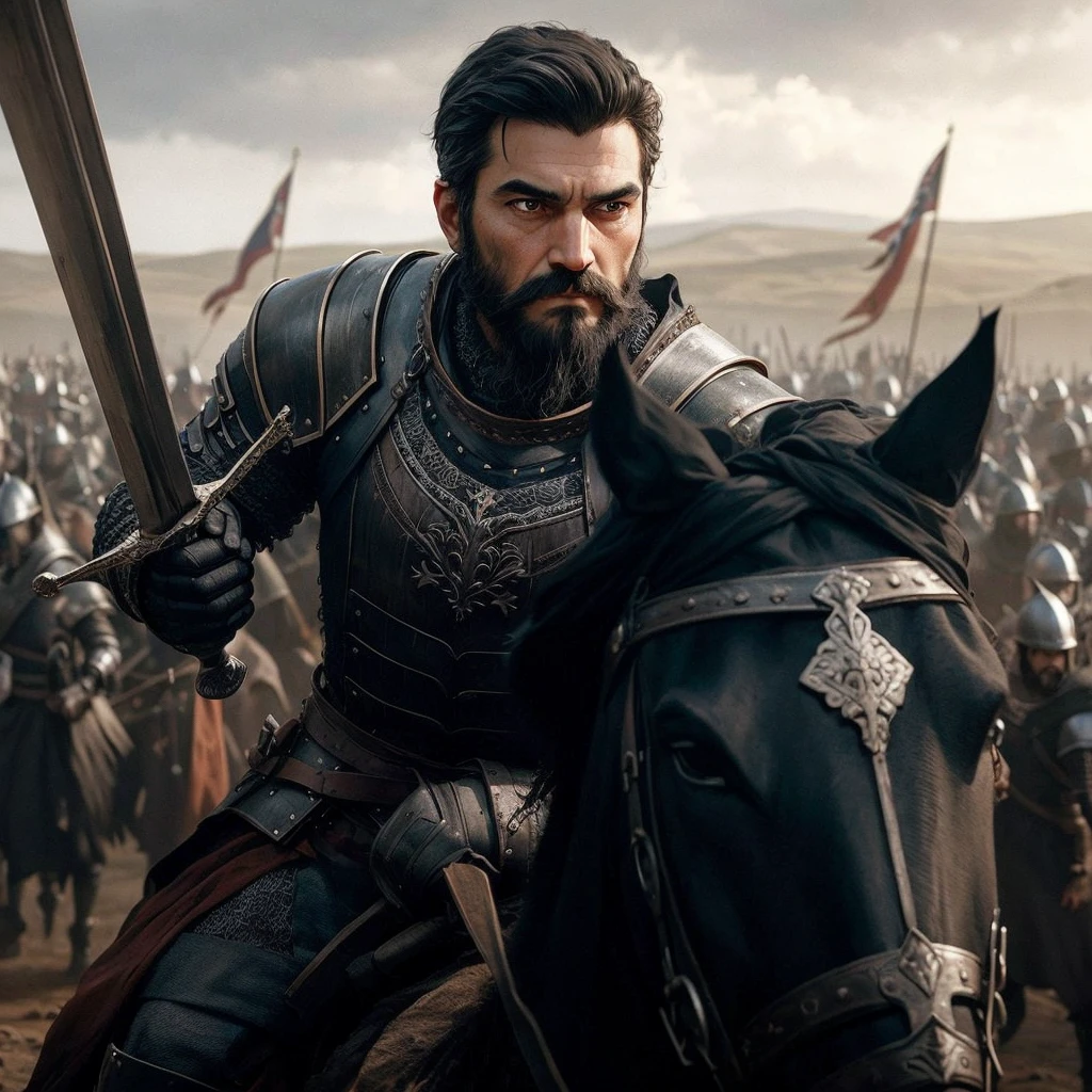 Describe the scene of a man with a medium black beard and short black hair, round face, wearing imposing medieval armor. He's riding his horse, raising a gleaming sword as he boldly charges towards a vast army of warriors. The expression on his face is determined and confident, eyes fixed on the horizon where your adversaries are. Ao fundo, the landscape is dominated by the imminence of battle, with flags waving and the setting sun dyeing the sky in golden and red tones.
