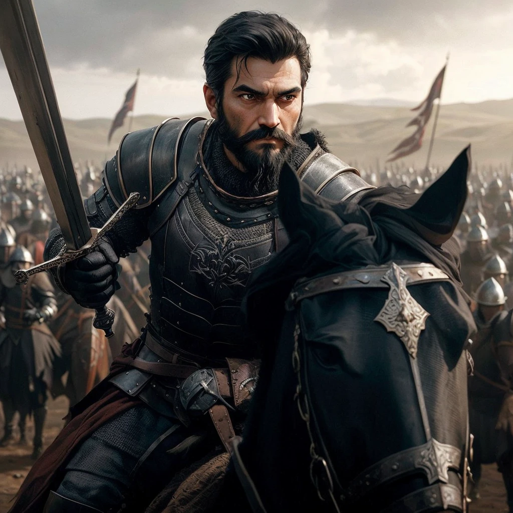 Describe the scene of a man with a medium black beard and short black hair, round face, wearing imposing medieval armor. He's riding his horse, raising a gleaming sword as he boldly charges towards a vast army of warriors. The expression on his face is determined and confident, eyes fixed on the horizon where your adversaries are. Ao fundo, the landscape is dominated by the imminence of battle, with flags waving and the setting sun dyeing the sky in golden and red tones.