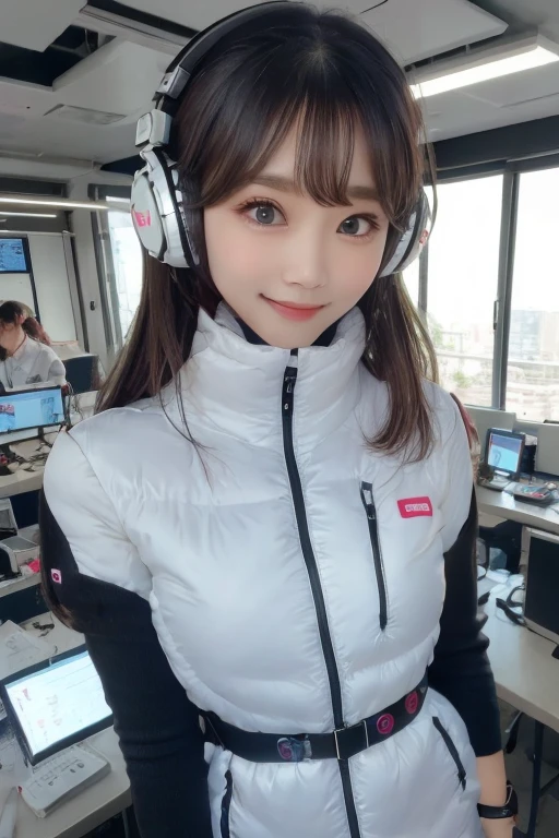 masterpiece, Highest quality, Very detailed, 8K Portrait,Japanese Android Girl,plump , Control panel,Robotic arms and legs, Blunt bangs,,break (Metallic Gray, Metallic luster, Mirror finish, Astro Best):5,headphone:5,break (Black sleeves):100,Smart Watches,Futuristic space station,Control Room,break headphone,blue eyes,(Black Hair):2,(Long Hair):1.3,Viewer Display,(respirator),break blush:3,Hidden Hand,smile