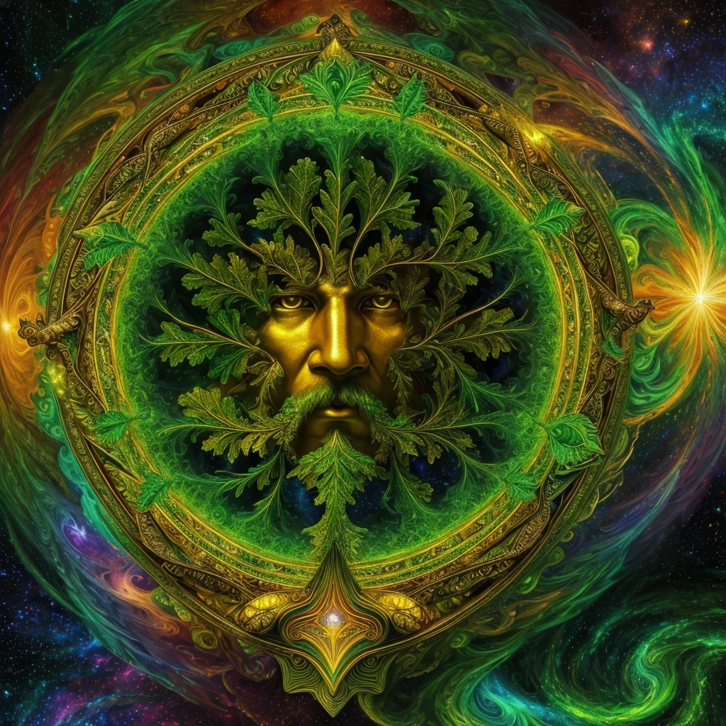 (High resolution, incredibly detailed, masterpiece), a symmetrically centered, solo (face only) portrait of (one Gaelic Greenman), green (oak leaves) floating, colorful (mystic swirling mists), featuring fractal geometry in (vibrant colors:0.8), set against a (galactic background:1.2), bringing together complex, mesmerizing shapes and patterns, dmt, fractal art, holy light.