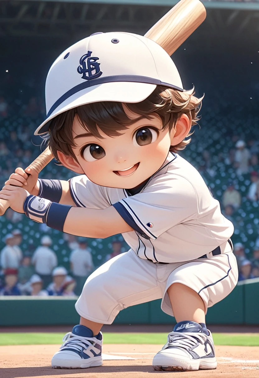   Very cute boy baseball player holding bat in hand baseball player white hat jersey sneakers very cute(Shut up)Smiling at the audience

             ( perfect anatomy ) Beautiful and extremely fine texture，detailed, bright, Animation style high definition and high quality presentation