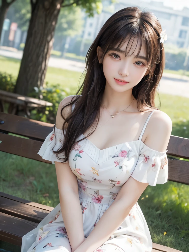 ((masterpiece: 1.3),8K, Realistic, RAW Photos, Highest quality: 1.4), (One Girl), beautiful顔, (Realistic Face), (Brown long hair: 1.3), bangs, Perfect dynamic composition,(High quality with attention to detail, Realistic depiction of eyes:1.3)、((((Sweet girly clothes 6,Printed dress、White and floral、Sit on a bench))),The whole is facing forward、21talent、beauty、Well-formed face、Even out the eyes、beautiful黒髪、Banditium Build、Balanced ratio、beautiful足、Short sleeve blouse、Fresh face、beautiful景色、beautifulヘアスタイル, (bangs), (smile), smile, Realistic eyes, Gloss, highlight, highlight in the Eyes, eyelash, 目の中のbeautifulディテール, (Realistic Skin), Shooting from the air、beautiful肌, Transparency、(beautiful)、 bust, smile, teeth, Confused, charm, 超High resolution, Ultra-realistic, High resolution, Golden Ratio, clear eyes, Wet, Looking into the camera, ear, Shine, Long neck, double eyelid, Thin eyebrows、Big eyes, cheek, kind character, charm personality, kind, 圧倒的なcharm, bright personality