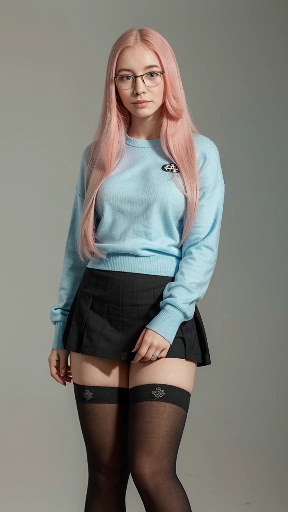 a young woman with long pink hair wearing myopia glasses. She is wearing a light blue sweater, a green skirt and black stockings. He&#39;s clutching a pair of blue headphones, with a thoughtful and slightly worried expression. The young woman stands with her body slightly leaning forward, looking down, with the left hand holding the headphones and the right hand slightly pointing towards them. His pose denotes a state of reflection and perhaps a slight uncertainty.. 

