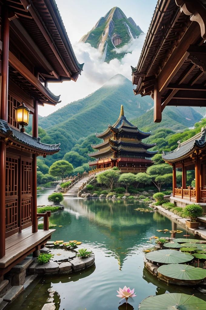 "Create a detailed illustration of a majestic mountain town in an ancient Chinese fantasy world, with the grand Aura Lotus Temple as its focal point. The town should be nestled among lush, green mountains with waterfalls cascading into crystal-clear rivers. Traditional Chinese buildings with curved roofs and lanterns should blend harmoniously with the natural landscape. The Aura Lotus Temple should stand prominently with sweeping roofs, intricate carvings, and surrounded by a serene lotus pond filled with glowing lotus flowers. Include townspeople and monks with subtle magical elements, like floating lanterns and enchanted flora, going about their daily activities. The entire scene should exude tranquility, mystical power, and enchanting beauty."