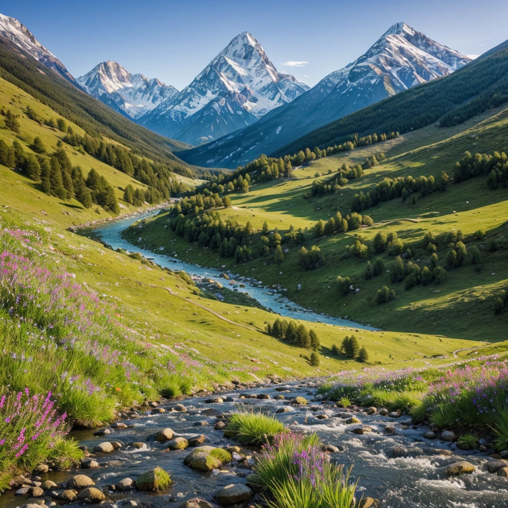 Describe a serene mountain landscape where a clear, winding river flows through a lush, green valley. Majestic peaks, dusted with snow, tower in the background, while the foreground is dotted with colorful wildflowers swaying gently in the breeze. How does the scene make you feel? What sounds and scents do you imagine in this tranquil setting?