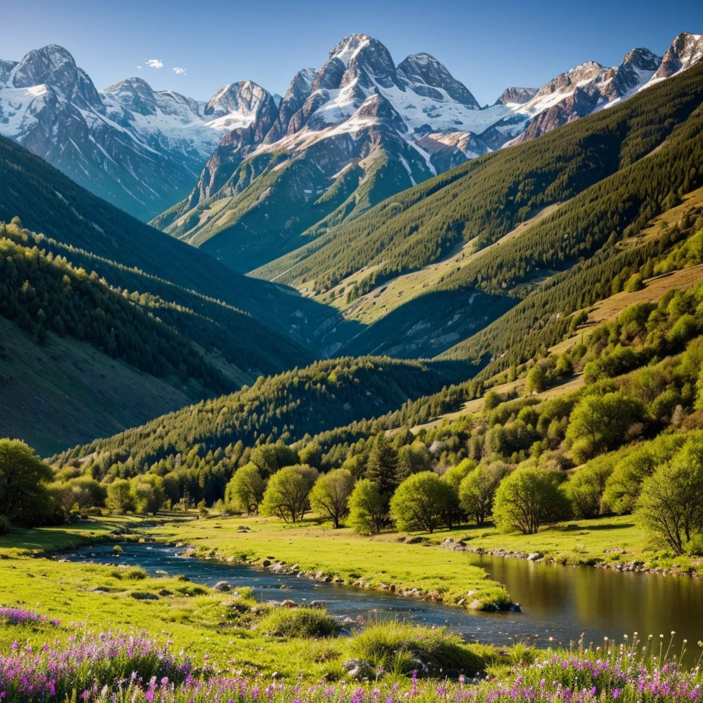 Describe a serene mountain landscape where a clear, winding river flows through a lush, green valley. Majestic peaks, dusted with snow, tower in the background, while the foreground is dotted with colorful wildflowers swaying gently in the breeze. How does the scene make you feel? What sounds and scents do you imagine in this tranquil setting?