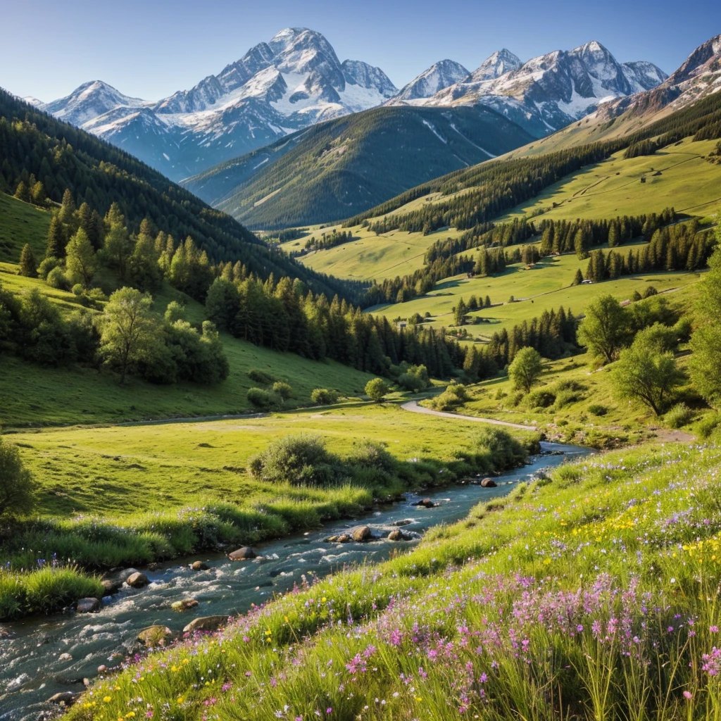 Describe a serene mountain landscape where a clear, winding river flows through a lush, green valley. Majestic peaks, dusted with snow, tower in the background, while the foreground is dotted with colorful wildflowers swaying gently in the breeze. How does the scene make you feel? What sounds and scents do you imagine in this tranquil setting?