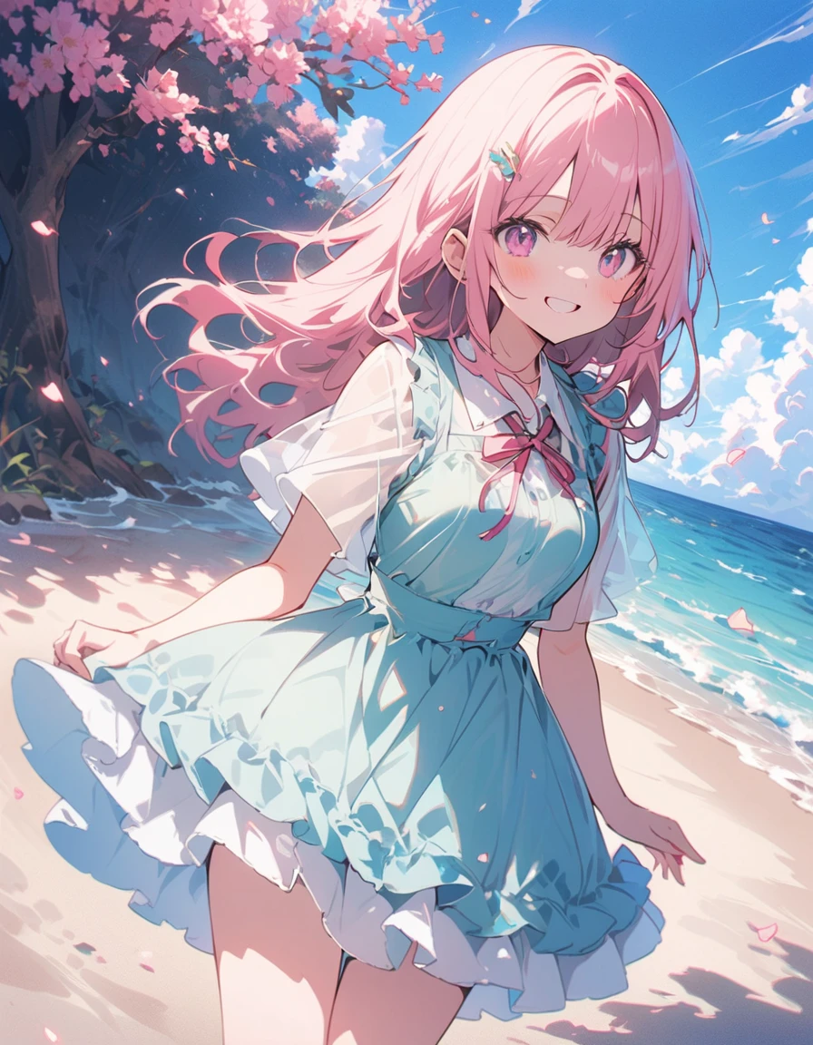 (masterpiece),(Highest quality), ピンク色のボブcut, Long eyelashes, Round eyes, smile, (cherry blossoms:1.2)、(美味しいOceanの幸)、(清浄Ocean域アジワ)、(Warm Beach Background:1.4)、((Ocean:1.8))、Outdoor、Surrealism, Anaglyph, Stereogram, Atmospheric perspective, 8K, 超detailed, Accurate, Highest quality, 超High resolution, Textured skin, Pale maroon frilled dress, (pastel colour) , paper_cut、(Highest quality、masterpiece、High resolution、detailed)、animeスタイル、Flat Style、(Shining Eyes、detailed美しい顔), break,1 Girl、extremely detailed(The Shining), Best lighting, Best Shadow、floating, (High saturation),Dynamic Angle、anime
