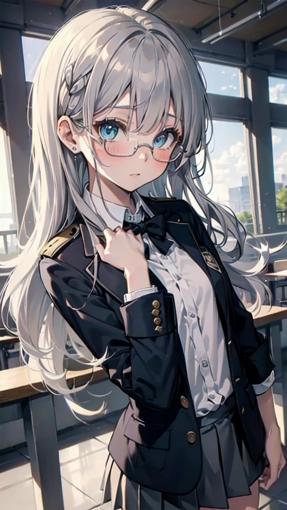 (masterpiece), (best quality), ((very detailed)), (very delicate), (A young girl), cyan eyes, sparkling eyes, droopy eyes, boston eyewear, worried,(Silver gray hair),Short messy hair, Barrette, Medium chest, Blazer uniform , platinum blonde, White skin, Schoolyard, evening, Downcast eyes, lack of confidence, scared of people, afraid, bullied at school, beige blazer uniform, High angle