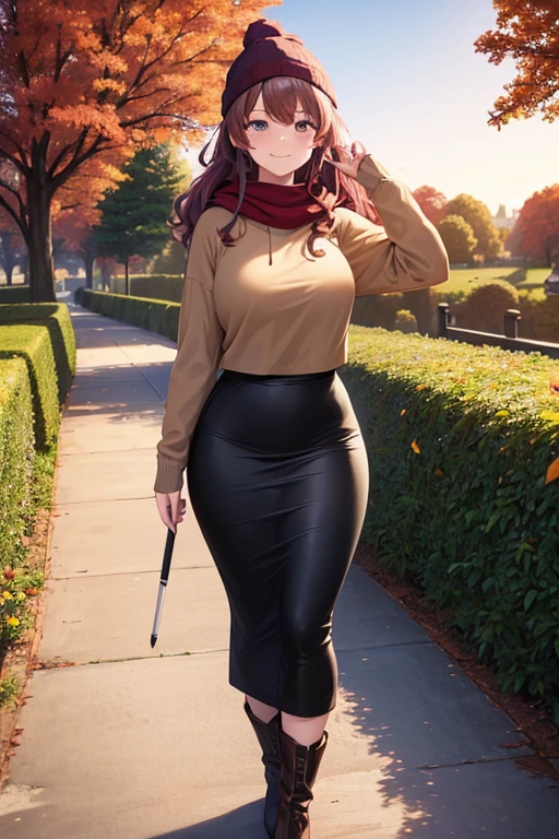 ((masterpiece, best quality)), highres, beautiful woman looking at viewer, wide hips, smiling, brown hoodie, black midi pencil skirt, pencil skirt, red beanie, leather boots, red scarf, full body, medium purple hair, wavy hair, walking through a beautiful garden, fall evening, sunset, trees, leaves falling, park, flowers