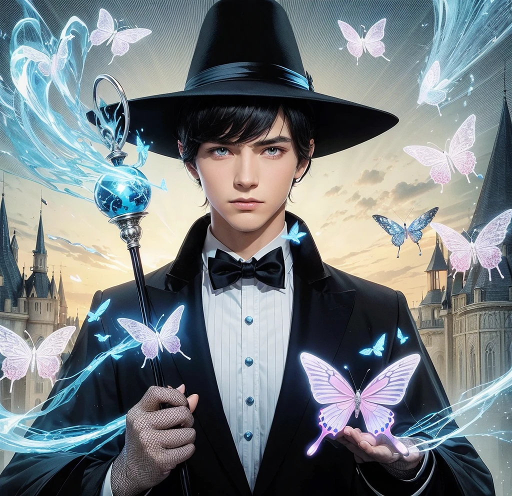 American classic comic book art: Handsome ethereal young man delicate, black straight hair bangs, black wizard hat with a butterfly, navy black magician outfit Zatanna, fishnet stockings, holding an elegant cane, white gloves, emanating light pink and blue yellow energy colorful, white eyes, sorcerer, very young face boy Asian, light pink butterflies, Magic of Imagination, casting spell magic ball energy, mini delicate magician mini cape, medieval castle, classic comic book