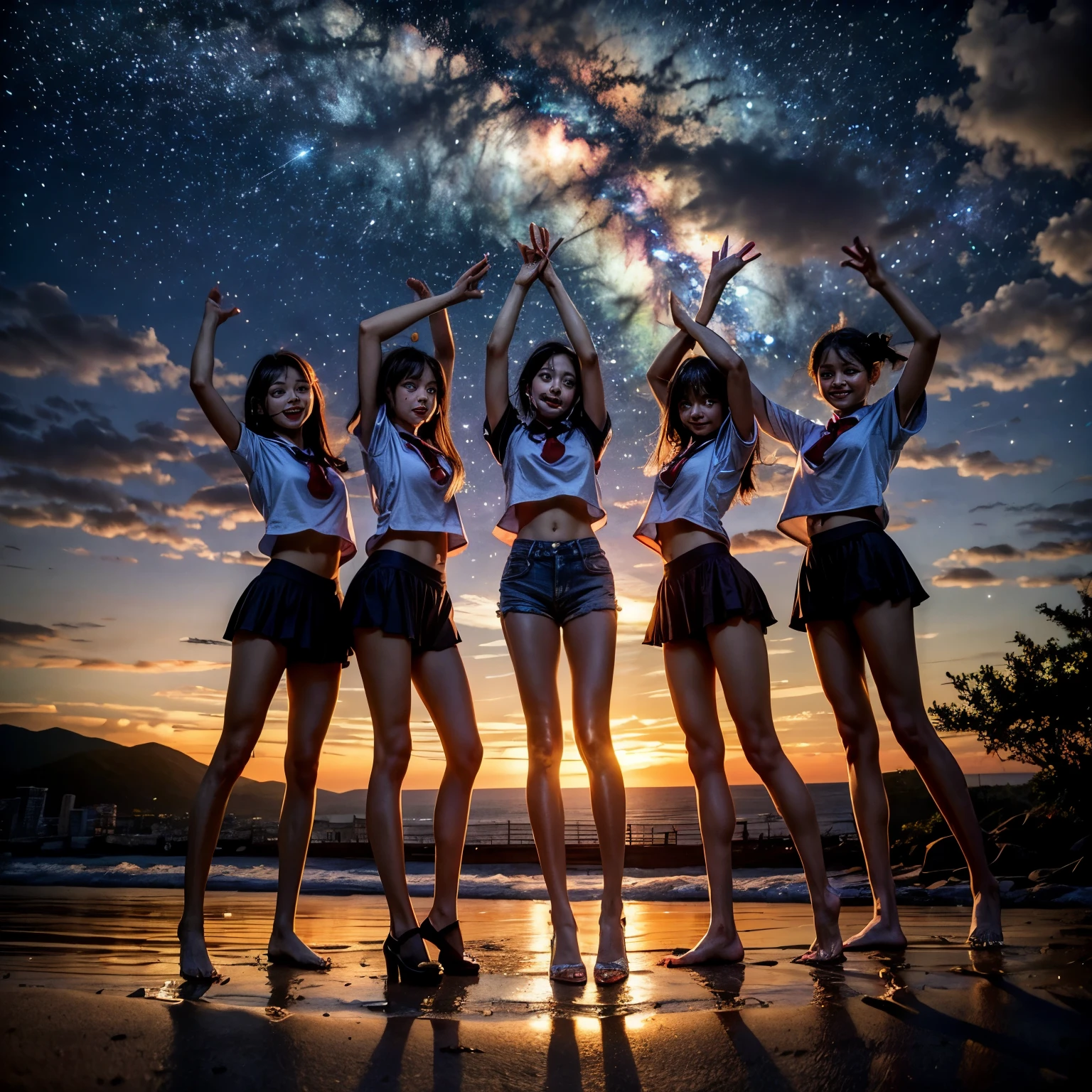 ManoErina, Masterpiece of ProfessionalPhoto ((ExtremelyDetailed (12 PICHIPICHI KAWAII Girls Floating in The Air in a row:1.37) in WHITE at Dusk Enoshima Beach)), {(Standing Full Body:1.2)|(from below:1.2)}, Different types of hair colors, {(skinny(SchoolSwimwear))|(SchoolUniform)with Tiny AthleticShorts}, {(Corrected Childish hand)|Hidden hand|Different types of breasts of various sizes from HUGE to FLAT|(Clearly Visible the shape of Butt)}, Joyful Expressions LifeLike Rendering, PerfectLighting, (Dazzling Horizon Visible through ThighGap), (Starry IridescentParticles:1.22) ColorfulClouds