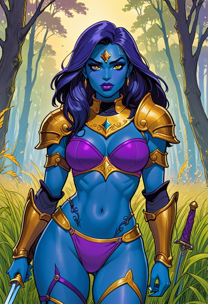 graphic novel flat colors style, cropped detail, fine intricate lineart, hatched shadows, masters of the universe, dark fantasy, low fantasy, sword and sorcery. a (blue skinned, blue skin, dark blue skin:1.3) female warrior, She has long dark purple colored hair with lots of volume and wears (purple bikini armor, armored collar and shoulder pads:1.3), gold trim. (detailed face, detailed eyes) (best quality,4k,8k,highres,masterpiece, colorful, vibrant colors:1.2) , long eyelashes, ((detailed lips)), narrow eyes, lavender colored eyes, athletic curvy body. Good hands, detailed hands. magic forest background. Show her walking through tall grass (confidently walking, determined stride:1.1), in meadow, multi-color sky, thick colorful trees,