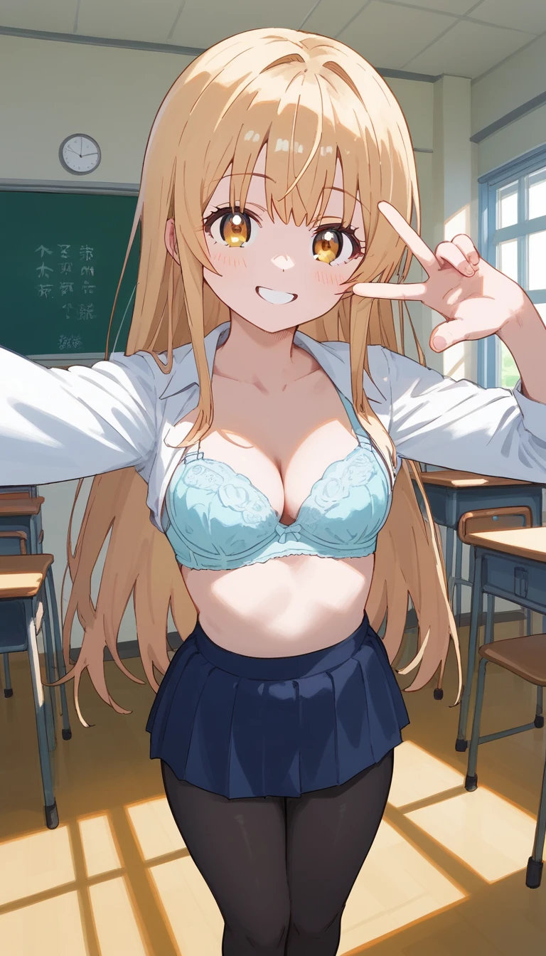 masterpiece,Ultra HD,score_4_onBREAK source_anime,可愛いanimeイラスト, masterpiece,high resolution,smile,alone,mahirushiina,One girl,Blonde,Long Hair,,Selfie pose,Show your underwear,Light blue bra,black tights,School,classroom,nsfw,