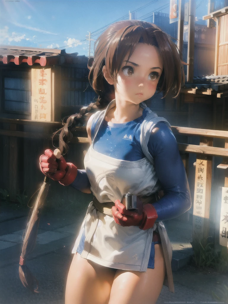 20-year-old woman, alone, athletic, brown hair tied in a braid, wears a red bandana on her forehead, wears blue fingerless gloves, wears blue gloves, high resolution, perfect image, very detailed, high contrast, colors digital, simple, medium shot, cinematic, ultra sharp focus, Award-winning photography, perfect contrast, high sharpness, depth of field, ultra detailed photography. global illumination, fluid, ultra high definition, 8k, Unreal Engine 5, ultra sharp focus, award-winning photography, Art Season Trends,
