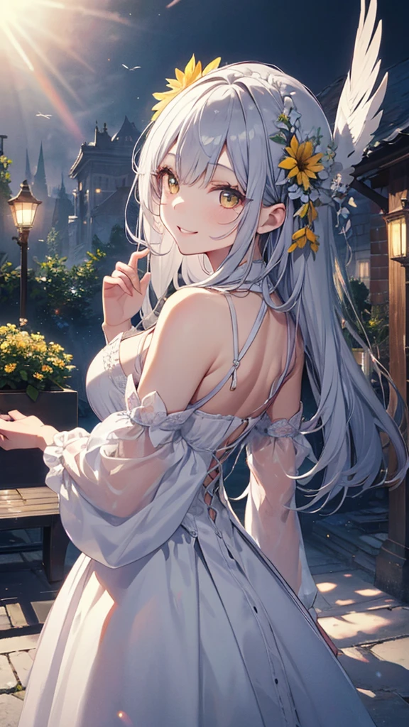 masterpiece、Highest quality、High resolution、High-quality images、8K, 12-year-old girl、Skin Radiance、Texture of skin and clothing、Expression of fine eyes、Shining silver hair、Long Hair Girl、dress, Beautiful bright yellow eyes, Fuller lips, Gorgeous face with attention to detail, (Cute Smile), charm, Innocent, Side view, (Perfectly detailed face), (Beautiful Hands) Photorealistic images, Written boundary depth, flower、sun、Big Breasts、garden、、Feather ornament、White clothes、goddess