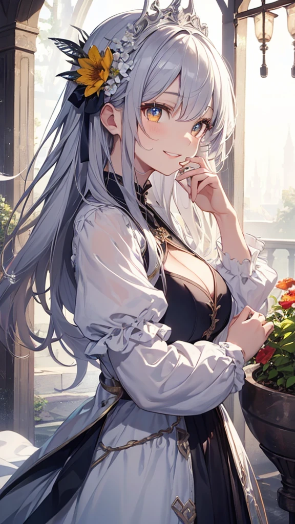 masterpiece、Highest quality、High resolution、High-quality images、8K, 12-year-old girl、Skin Radiance、Texture of skin and clothing、Expression of fine eyes、Shining silver hair、Long Hair Girl、dress, Beautiful bright yellow eyes, Fuller lips, Gorgeous face with attention to detail, (Cute Smile), charm, Innocent, Side view, (Perfectly detailed face), (Beautiful Hands) Photorealistic images, Written boundary depth, flower、sun、Big Breasts、garden、、Feather ornament、White clothes、goddess