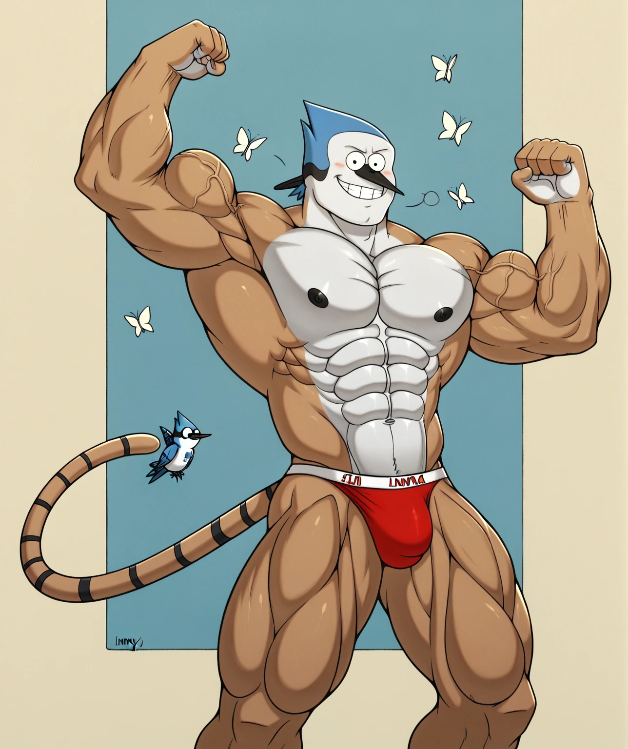 regularshow, hi res, score_9,score_8_up,score_7_up, a blue jay listening to a music with a mp3 player, while cleaning a park, (sunny:1.3), butterflies, smiling, male focus, zPDXL, zPDXLxxx, flexing, muscular, lobo, the second, large pectorals, venous muscles, Huge muscles, flexing, wearing speedo, smilin