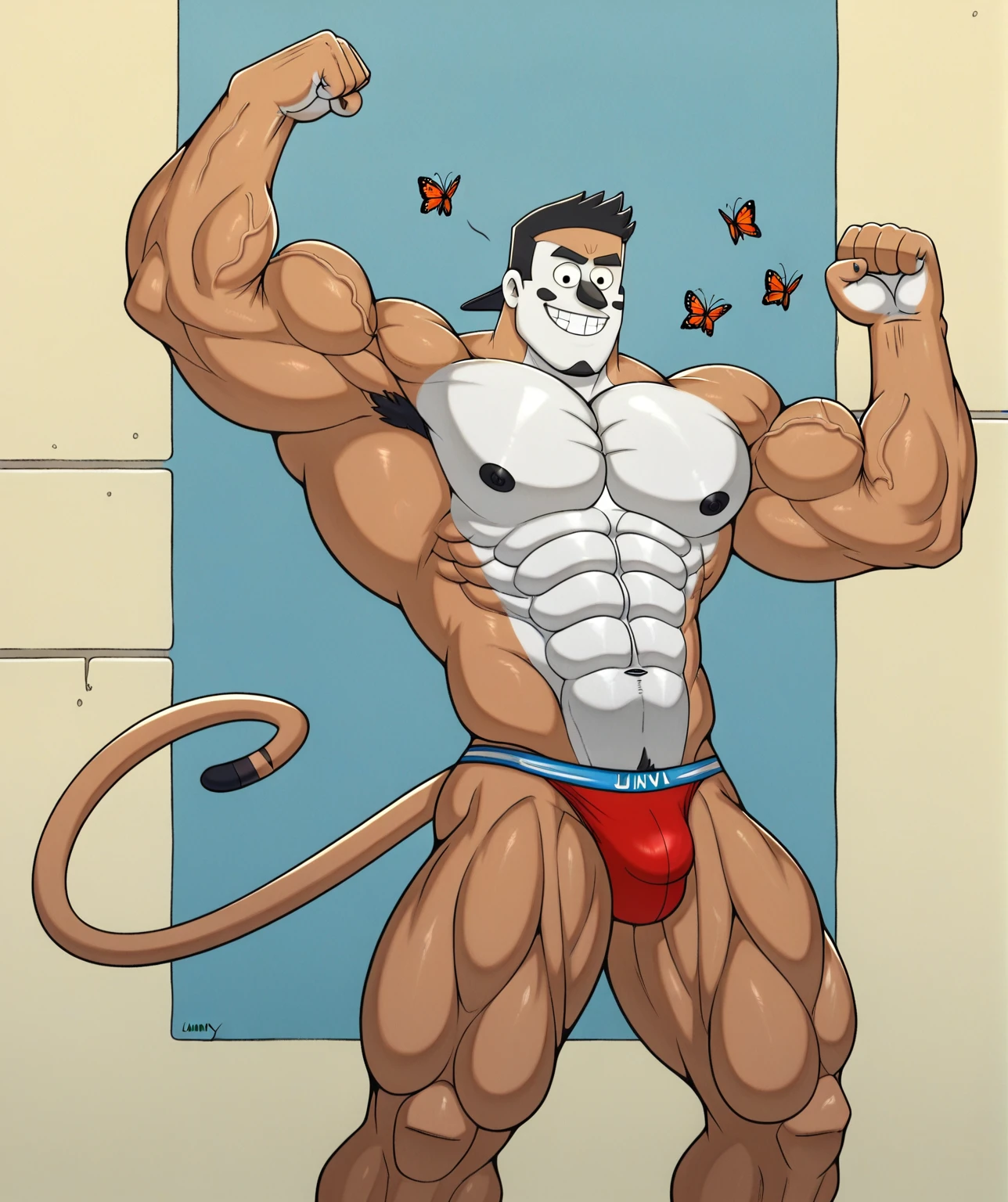 regularshow, hi res, score_9,score_8_up,score_7_up, a blue jay listening to a music with a mp3 player, while cleaning a park, (sunny:1.3), butterflies, smiling, male focus, zPDXL, zPDXLxxx, flexing, muscular, lobo, the second, large pectorals, venous muscles, Huge muscles, flexing, wearing speedo, smilin