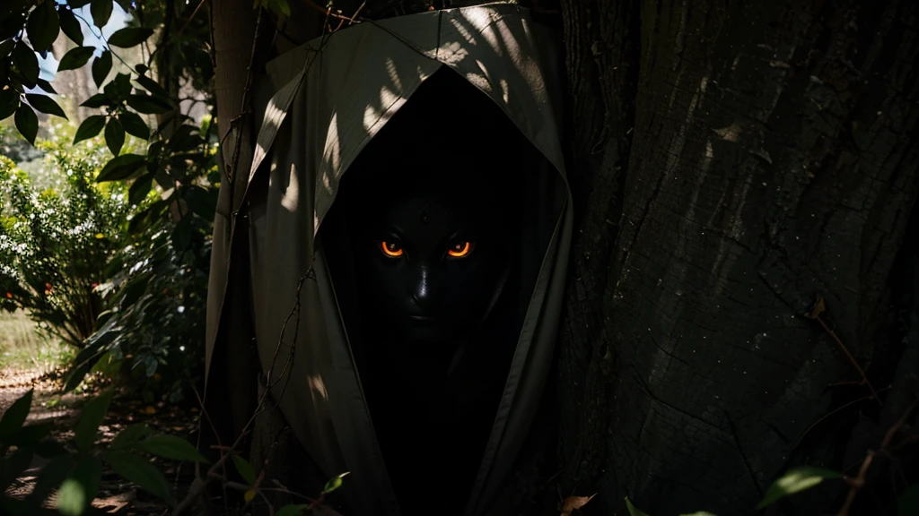Glowing eyes peering out from the shadows of the trees, hinting at a hidden presence watching the protagonist.