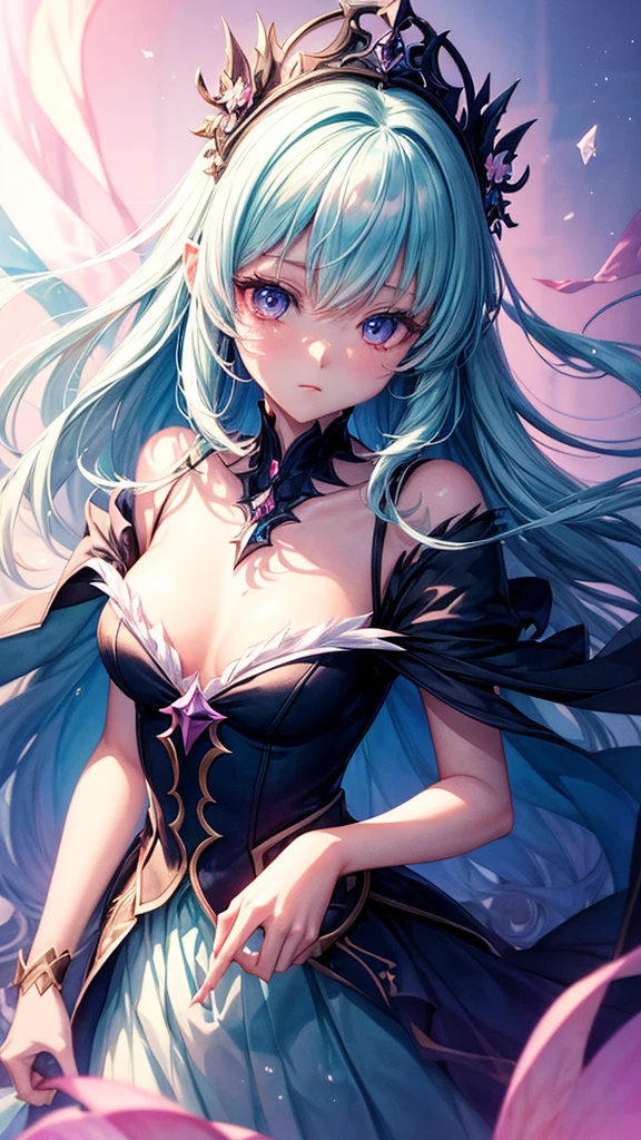 perfectly structured, (watercolor), digital illustration, anime style, the mysterious princess of darkness, highly detailed, volumetric lighting, kawaii pastel colors, dynamic composition, sharp and crisp image, (delicate, sublime:1.2), beautiful beyond words,