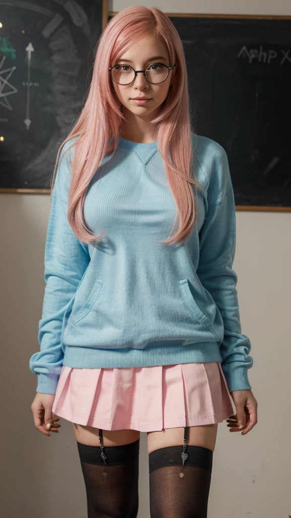 a young woman with long pink hair wearing myopia glasses. She is wearing a light blue sweater, a green skirt and black stockings. He's clutching a pair of blue headphones, with a thoughtful and slightly worried expression. The young woman stands with her body slightly leaning forward, looking down, with the left hand holding the headphones and the right hand slightly pointing towards them. His pose denotes a state of reflection and perhaps a slight uncertainty..