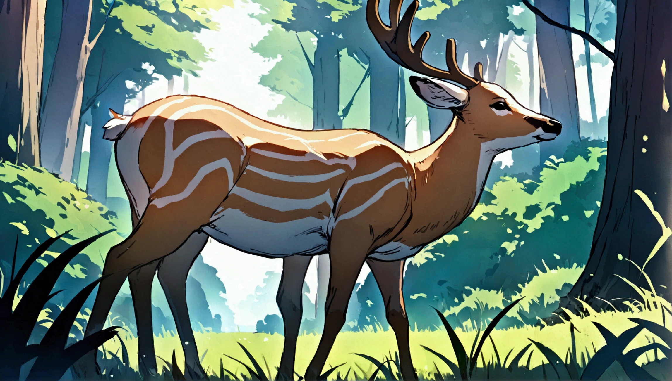 deer eating grass in the forest on a bright morning