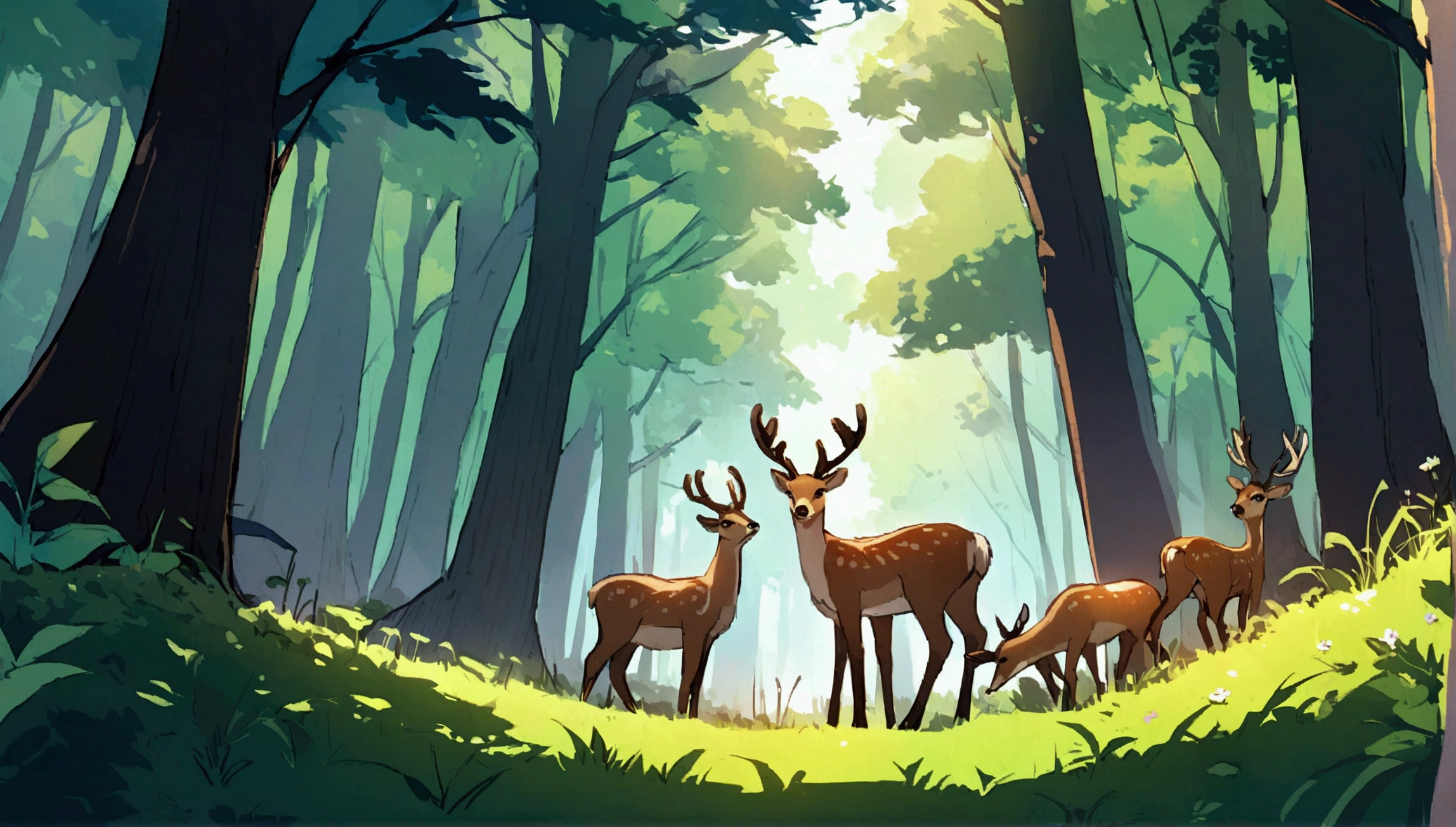 deer eating grass in the forest on a bright morning