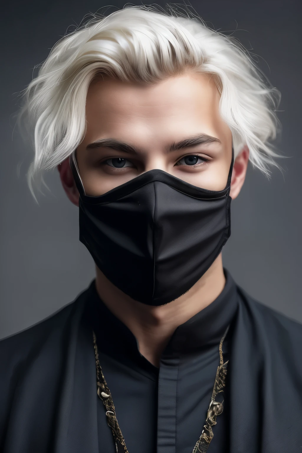 masculine, Tall man, long white hair, dark red eyes, a scar starting from the left eye vertically and another scar starting from above the nose horizontally, a young 19 year old appearance, a sharp look, wearing black robes with shoulder armor and combat accessories, wearing a black cloak and wearing a black mask, a dark blue aura surrounds him, rune tattoos on the body and several battle scars