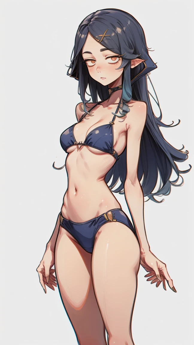 Leila, Bright eyes, blue hair, whole body, Gray background, standing straight, in a bikini