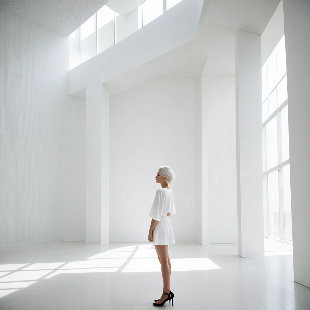  short white hair women the background of a minimalist beautiful white architecture 