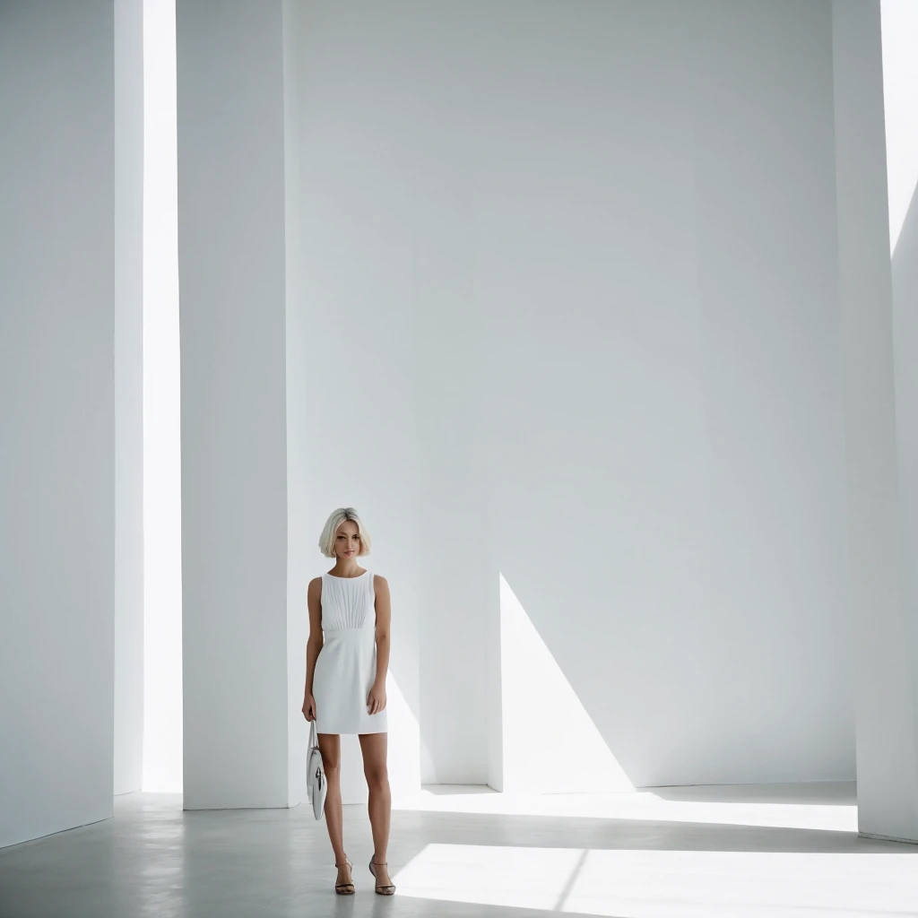 short white hair women the background of a minimalist beautiful white architecture